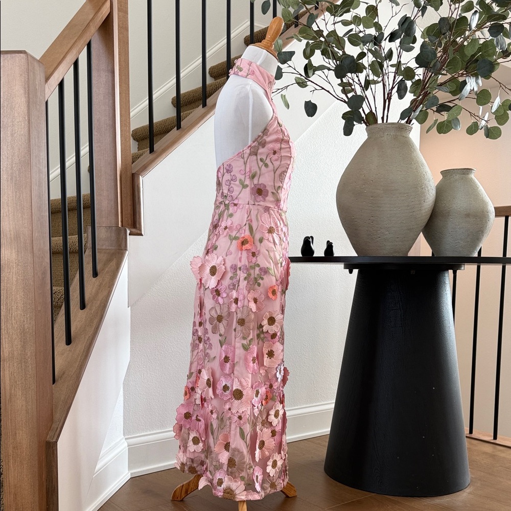 Lulus Pink Floral Embroidered Midi Dress, 3D Appliqué Halter Size: small - Picture 3 of 11
